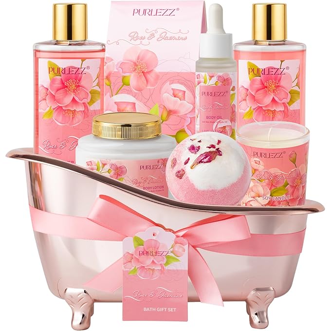 PURLEZZ Rose & Jasmine Floral Luxury Bath And Body Gifts, Spa Basket with Body Lotion, Soy Candle Spa Gift Kit, Home Bath Gift Set for Women, Gift Set For Women, Birthday Spa Gifts, Mothers Day Gifts for Mom - Image 1